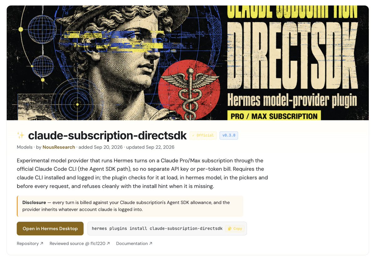 Hermes Agent adds Claude Pro/Max subscription support