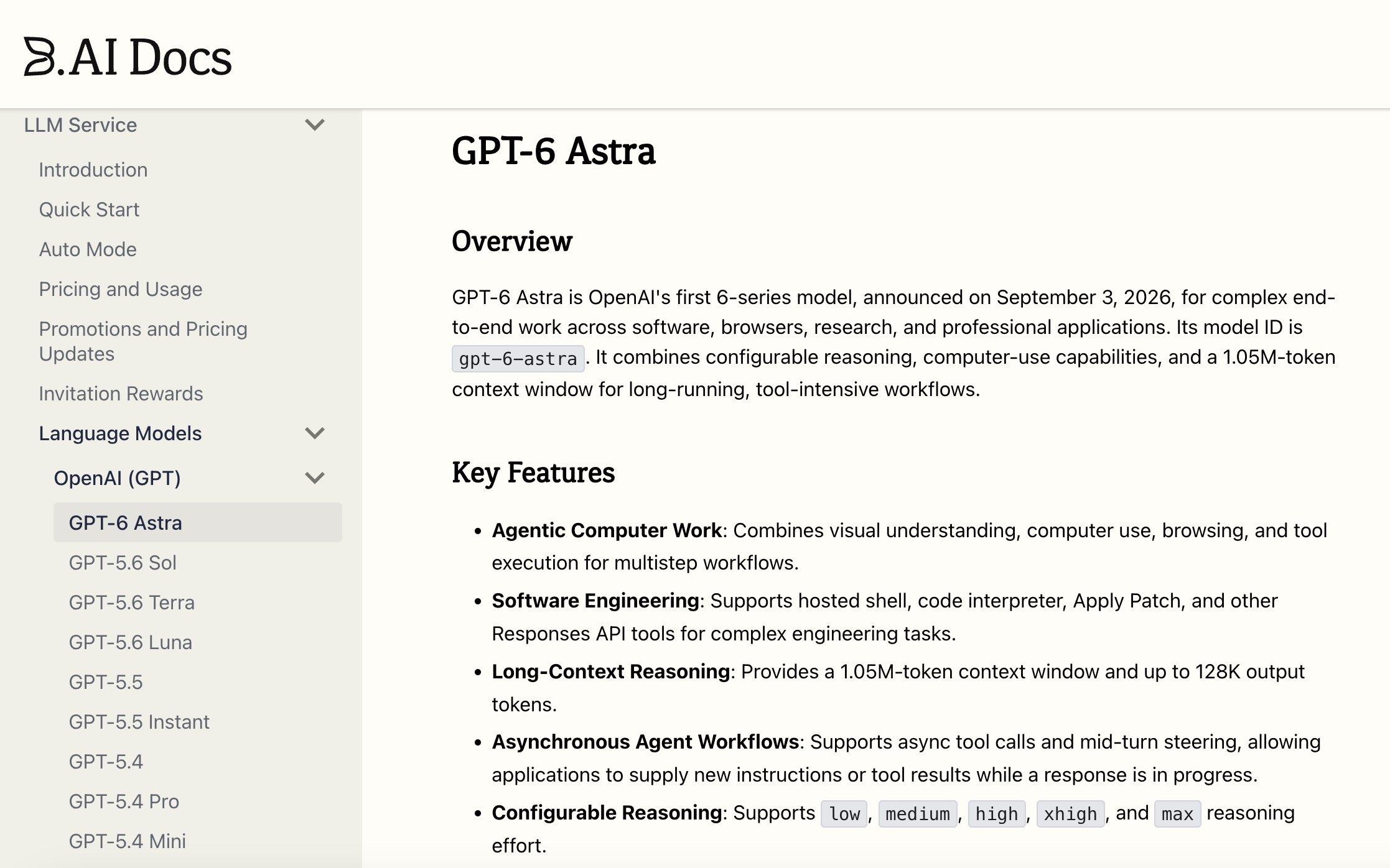 GPT-6 Astra 上线 B.AI API，附能力清单