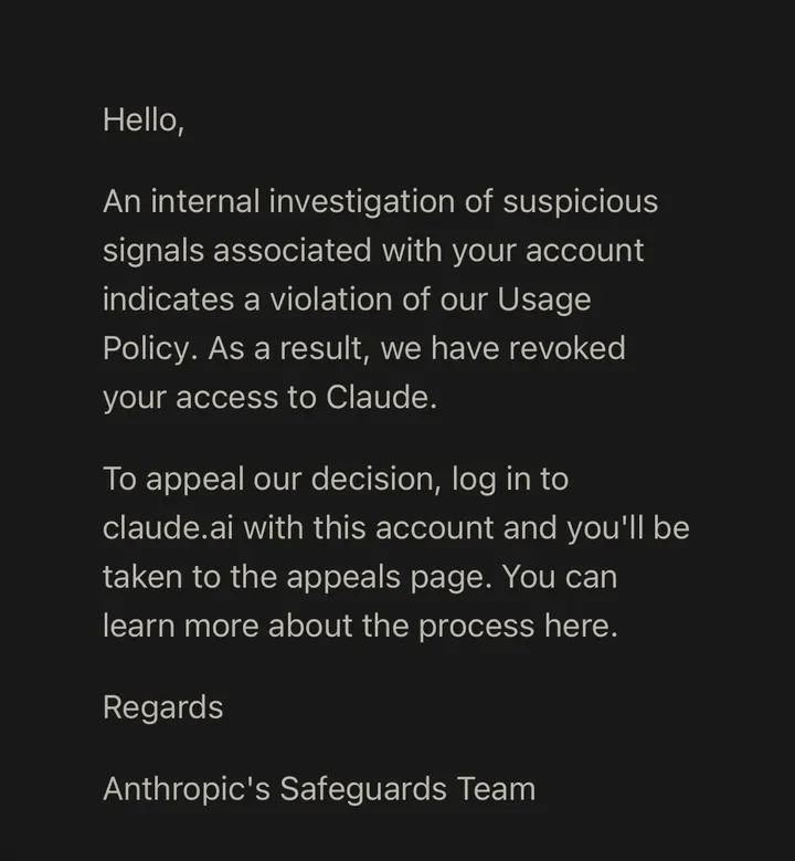 申请 Claude 创业计划后不久账号被封，开发者工作停摆