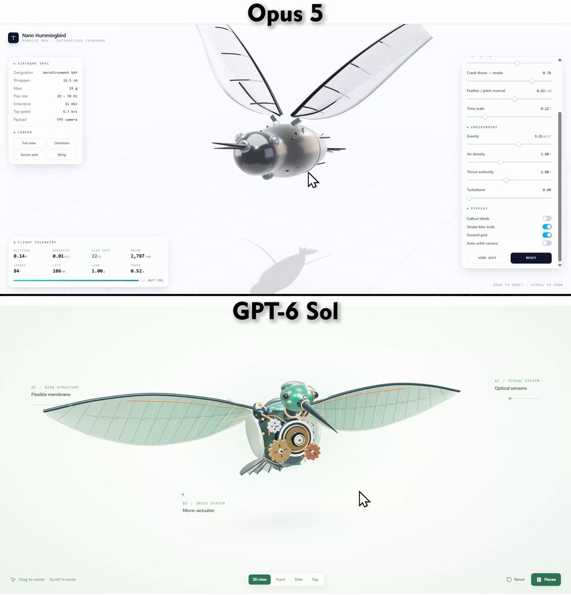 GPT-6 Sol 与 Opus 5 同题生成 three.js 蜂鸟