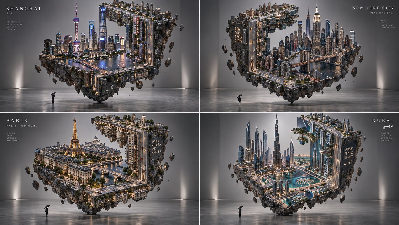 2x2 grid prompt turns cities into folded floating dioramas