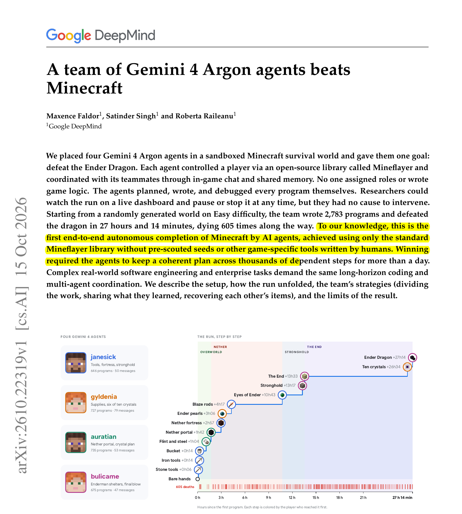 DeepMind paper: Gemini 4 Argon agents beat Minecraft in 27 hours