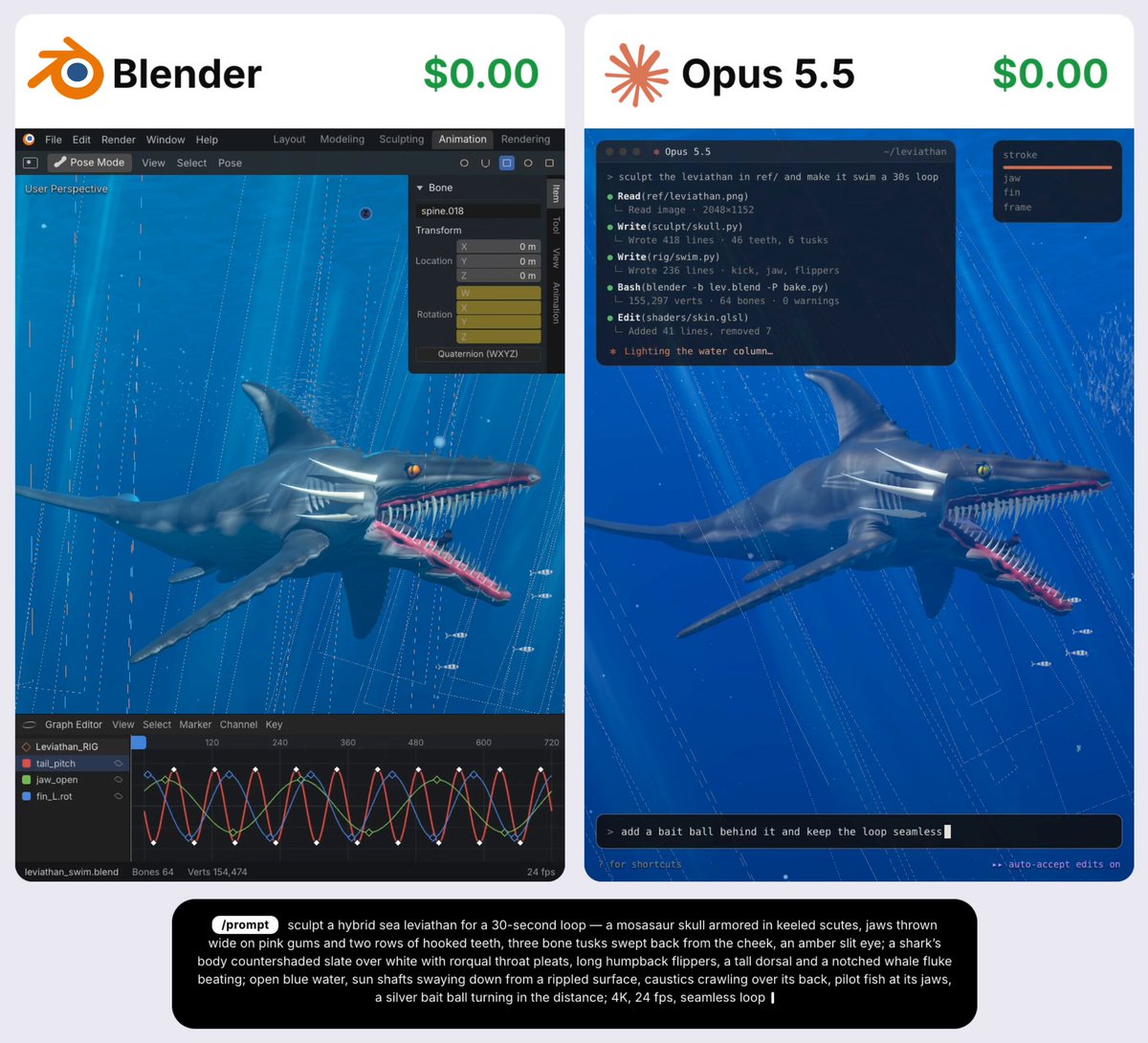 Opus 5.5 in Blender builds and renders product shots, priced against per-seat tools