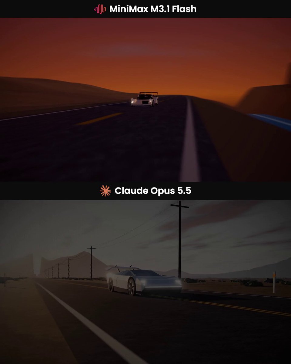 同提示词造飞行 Roadster：M3.1 Flash $0.71，Opus 5.5 $11.27