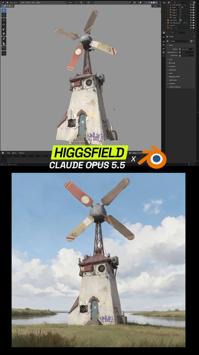 Claude Opus 5.5 and Higgsfield build an animated Blender windmill in 15 minutes