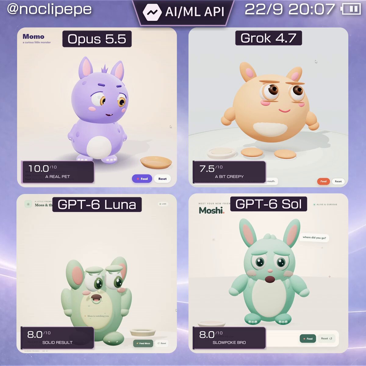Four models build an AI pet from one prompt: Luna fastest, Sol in the middle
