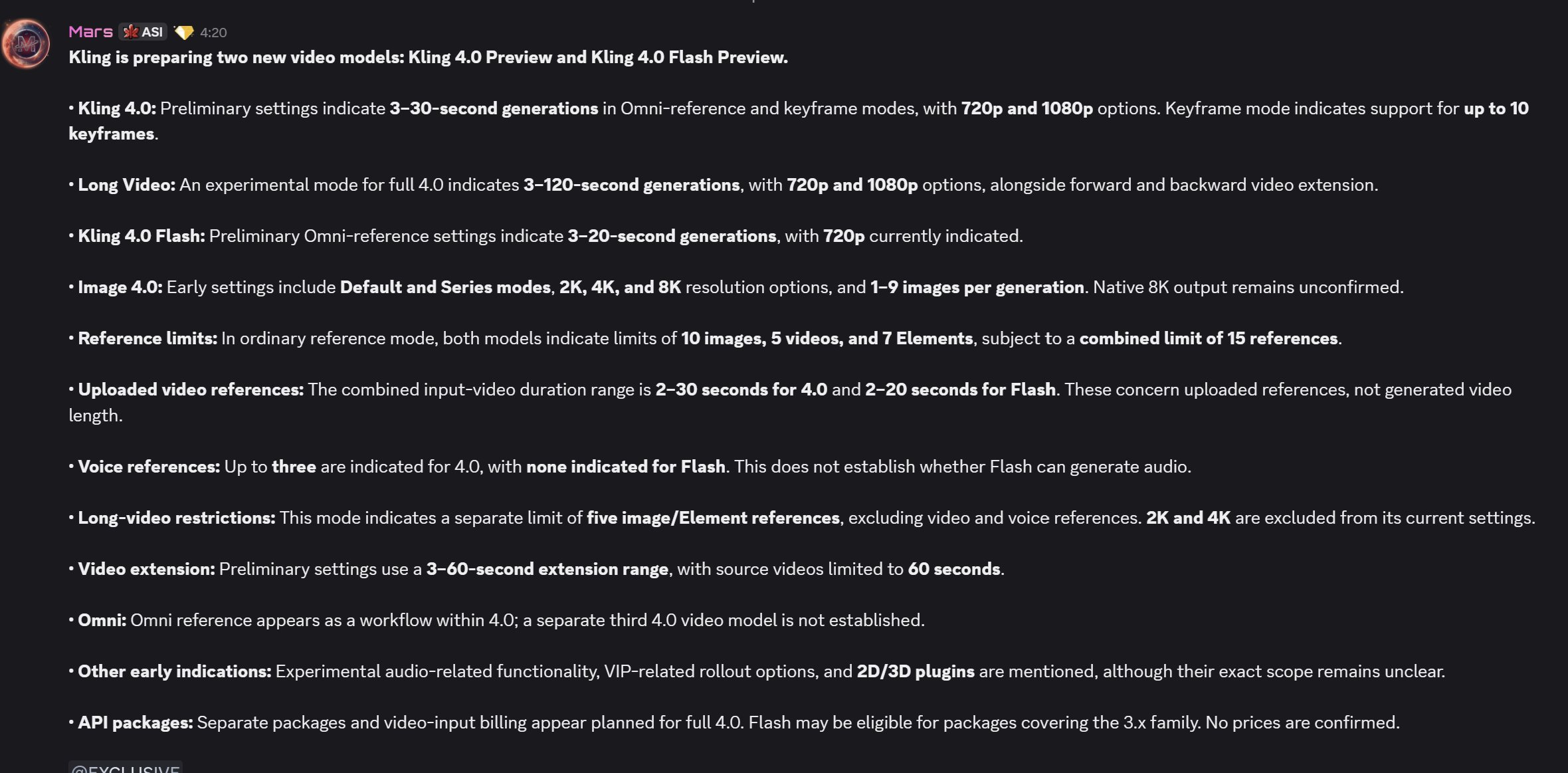 Kling 4.0 pre-launch specs leak: 30s, 120s experimental mode, 10 keyframes (image 1 of 4)