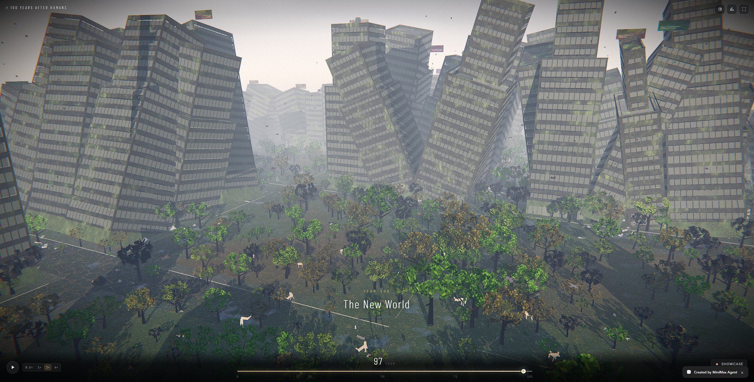 One prompt, six hours: a 3D simulation of a city 100 years after humans vanish, built with MiniMax M3.1