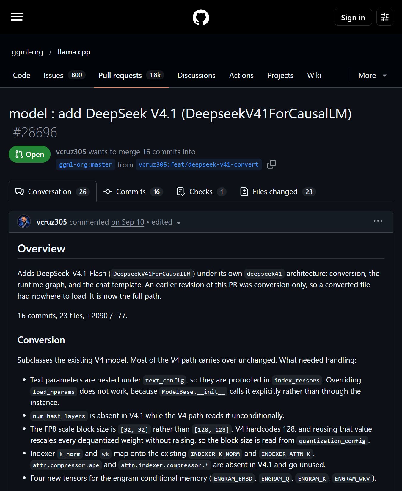 llama.cpp PR #28696 为 DeepSeek V4.1 Flash 加完整支持