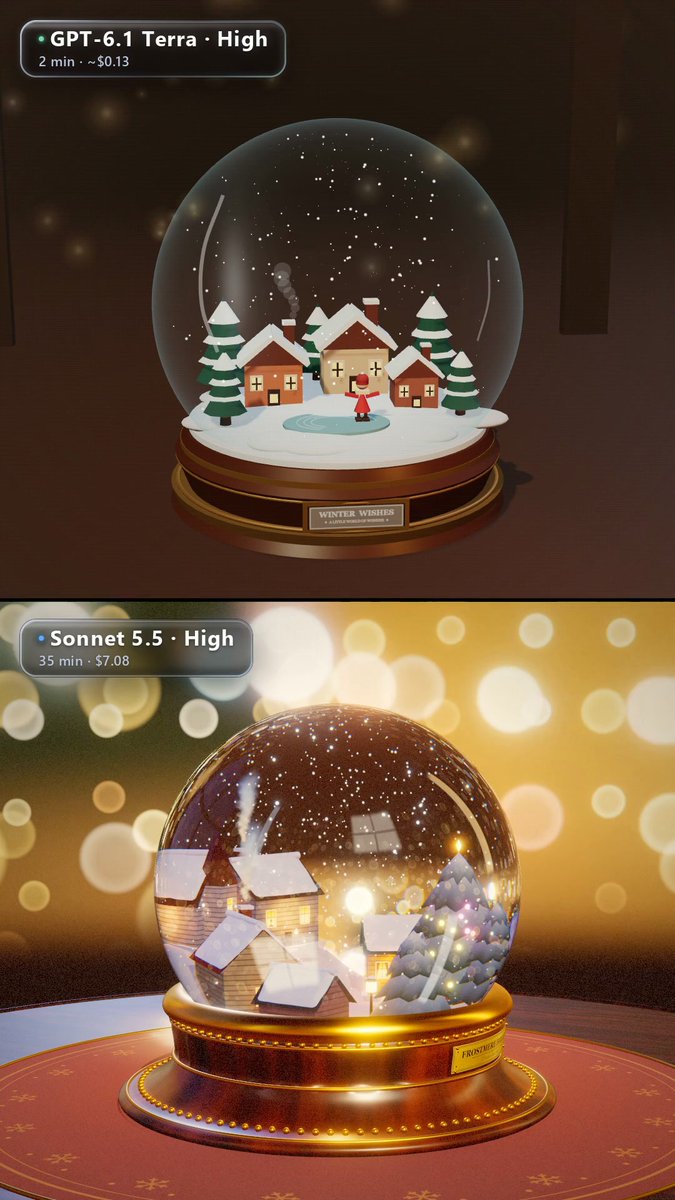 GPT-6.1 Terra 与 Sonnet 5.5 同题做 3D 雪球