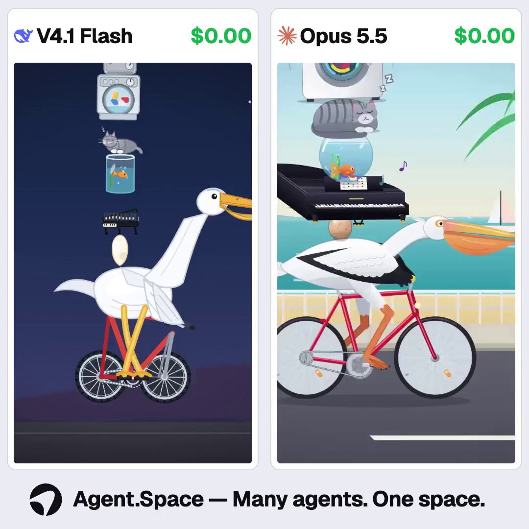 同题视频对比：DeepSeek V4.1 Flash vs Opus 5.5 画荒诞鹈鹕骑车