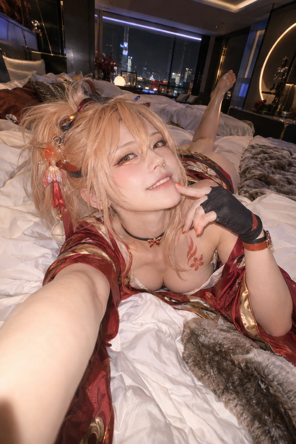 Photoreal Genshin bedroom selfie prompt turns Yoimiya, Shinobu and Chiori into real women