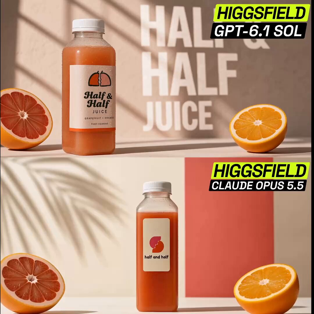 Higgsfield 官方演示 GPT-6.1 Sol 与 Claude Opus 5.5 做产品广告