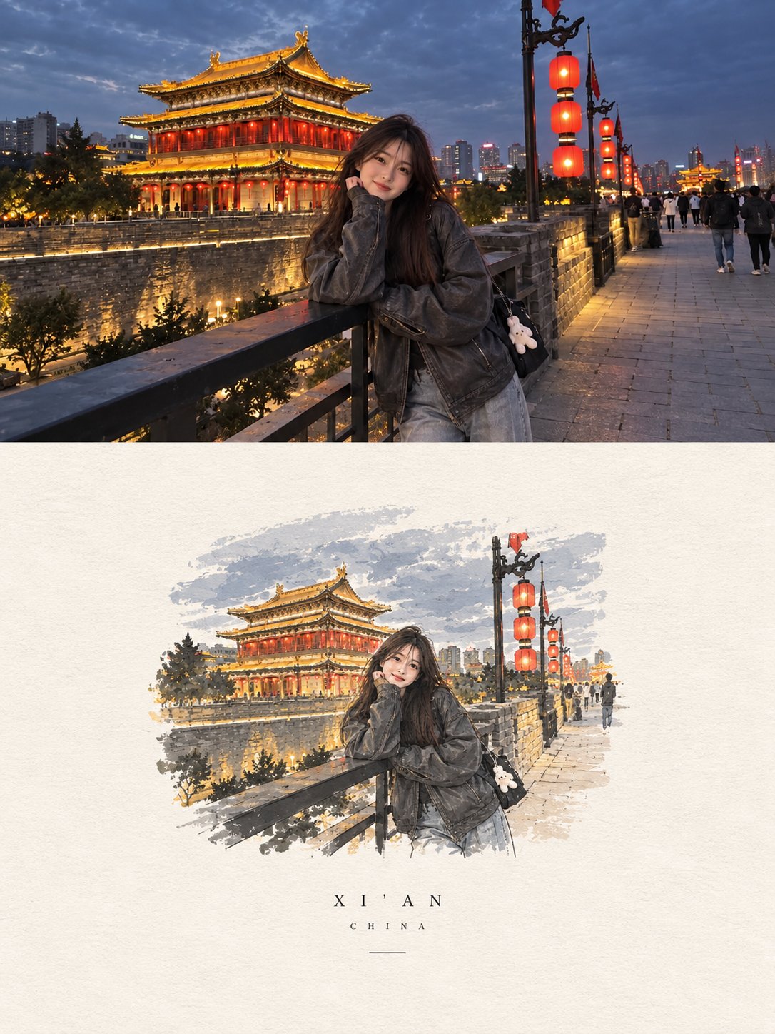 GPT Image 2.5 prompt for a night-time travel portrait by a city wall