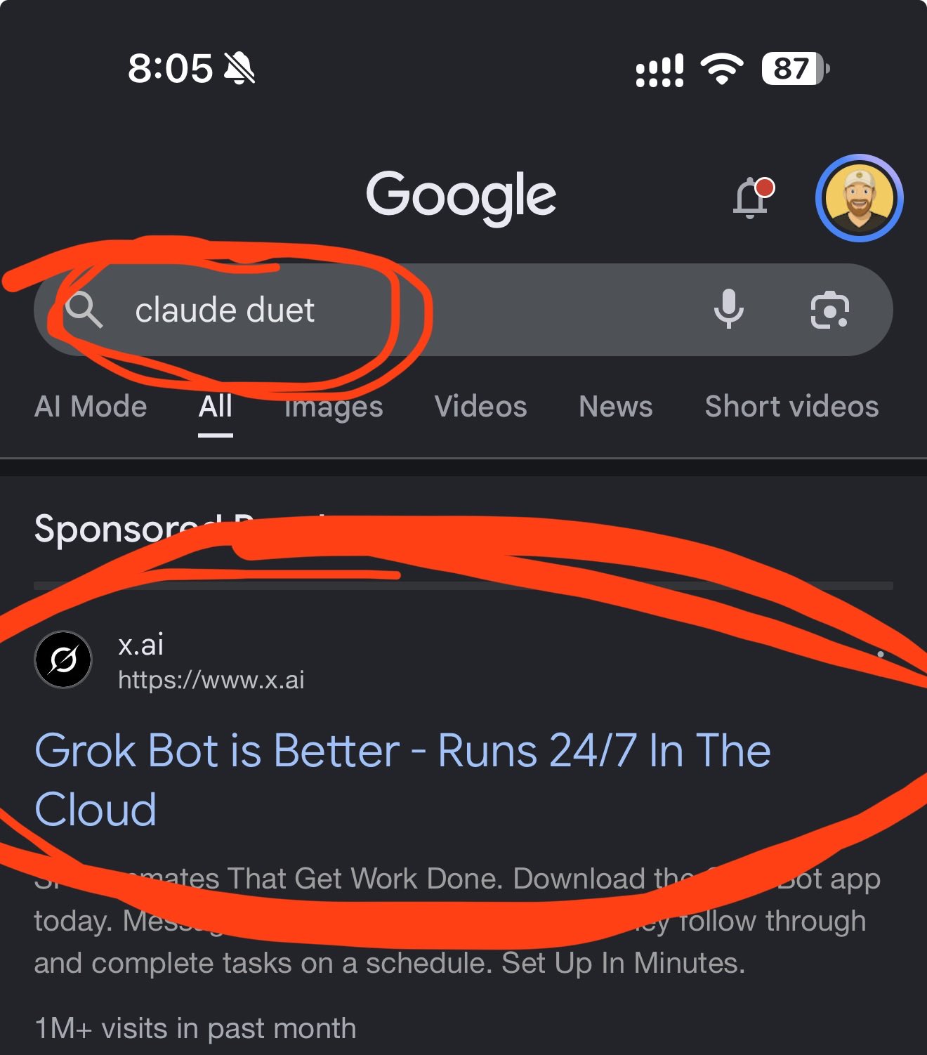Google sponsored results show Dots and Grok Bot, not Claude Duet