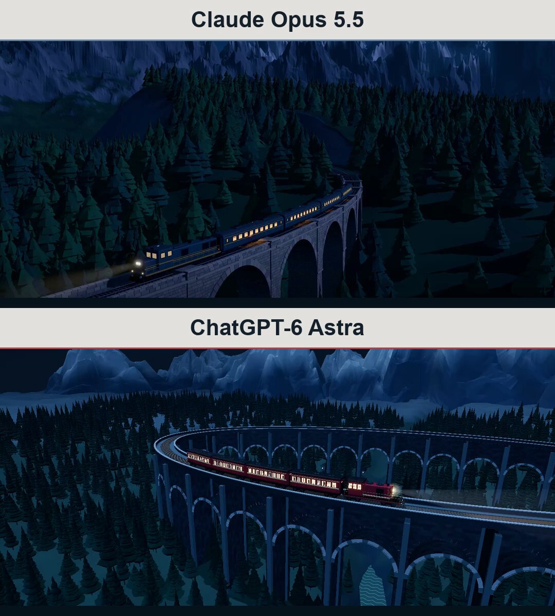 Opus 5.5 and ChatGPT-6 Astra each render a night train through the mountains