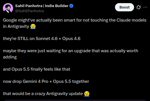 Antigravity ships Opus 5.5 but still lacks Gemini 4 Argon