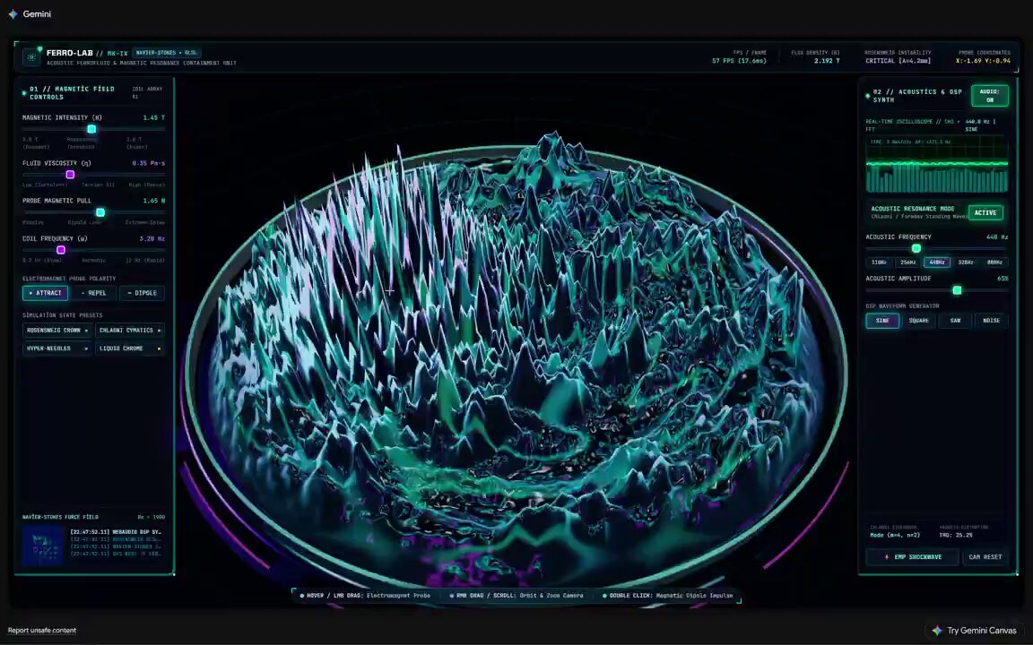 Gemini 4 Argon generates ferrofluid simulation video with parameter panel