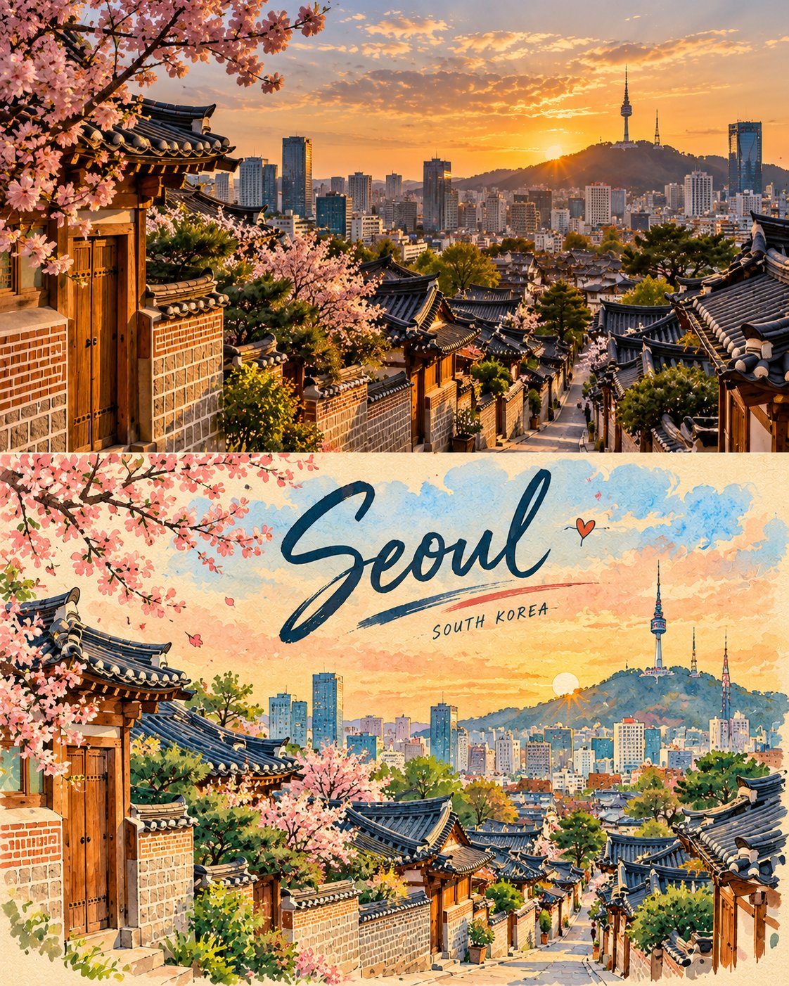 GPT Image 2.5 复古旅行海报提示词:上下对半写实+插画(第 2 张,共 4 张)