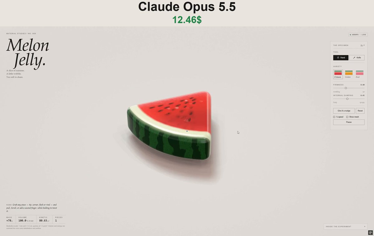 Claude Opus 5.5 builds a sliceable jelly watermelon in the browser