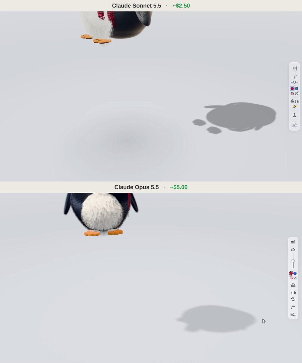 Sonnet 5.5 vs Opus 5.5: animating a plush penguin avatar