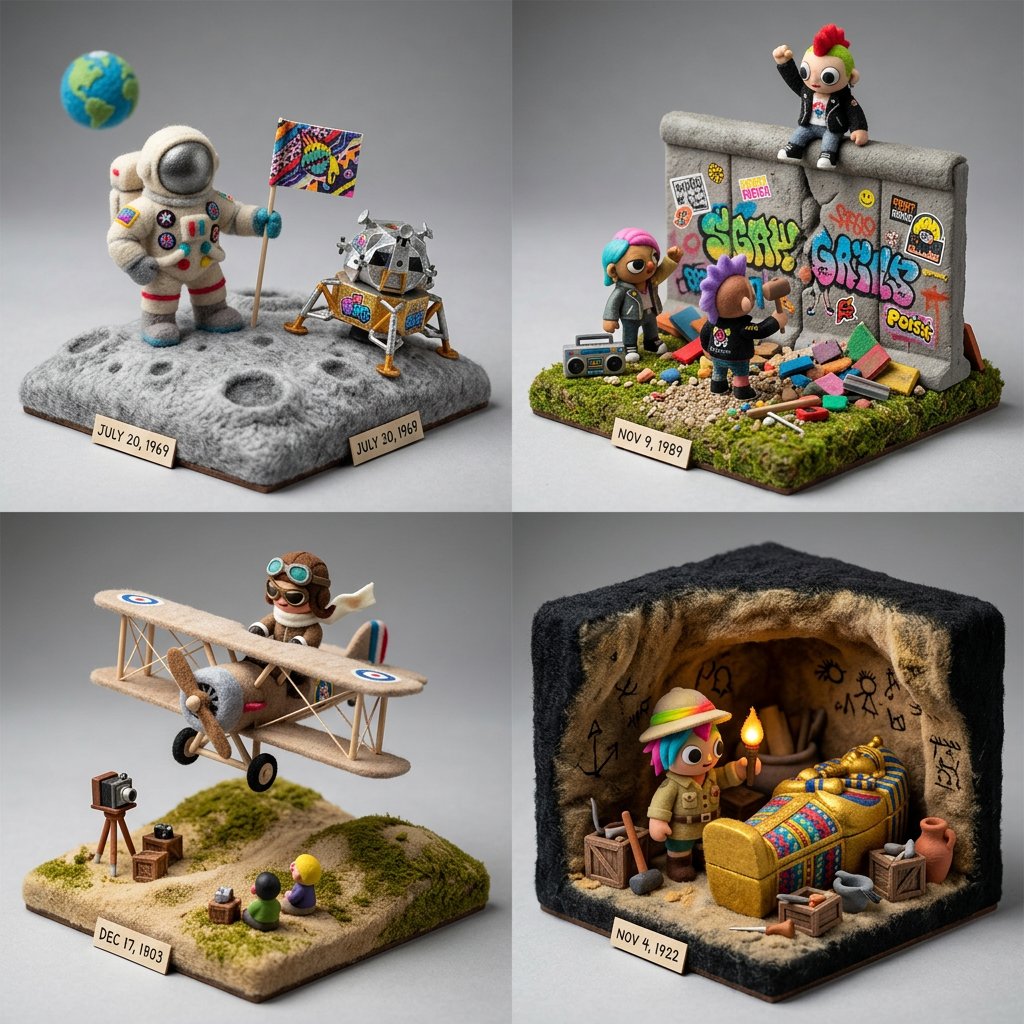 Same prompt, two models: four days that changed history as plush toy dioramas