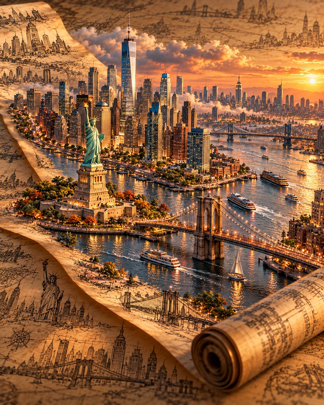 GPT Image 2.5 prompt builds 3D miniature travel posters on parchment scrolls (image 4 of 4)