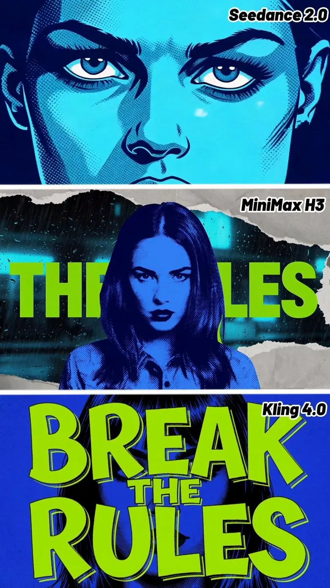 Same bold graphic prompt: MiniMax H3 goes dark and moody, Kling 4.0 differs