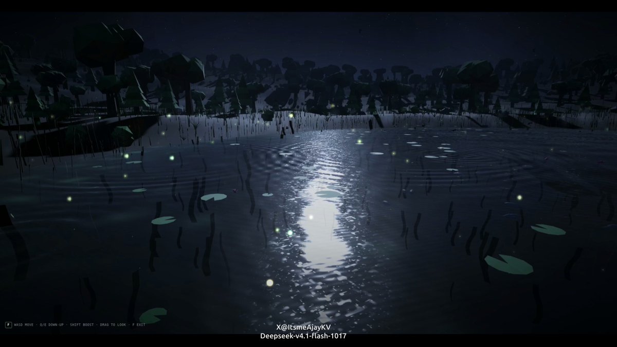 实测：V4.1 Flash 1017 生成可操控 3D 池塘场景，细节获好评