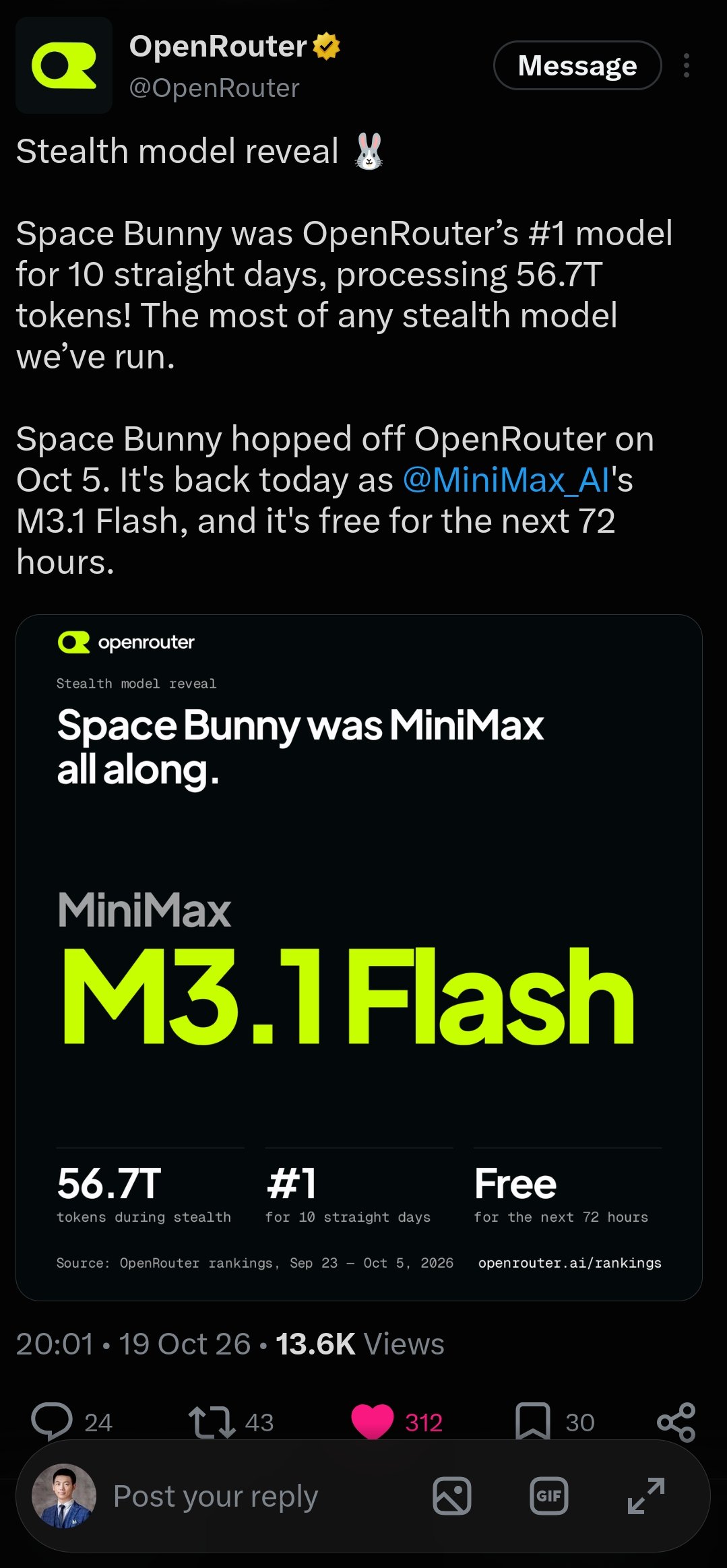 Estimating Space Bunny's anonymous run at ~$5M using M3.1 Flash pricing