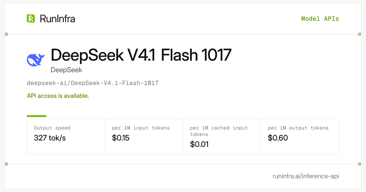 RunInfra 上线 V4.1 Flash:327 tok/s、输入 0.15 美元/百万 token