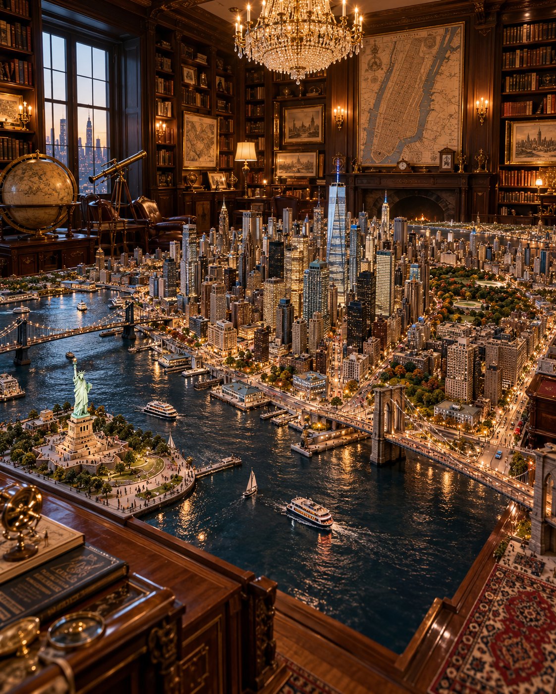 GPT Image 2.5 prompt: miniature city inside an antique study (image 1 of 2)