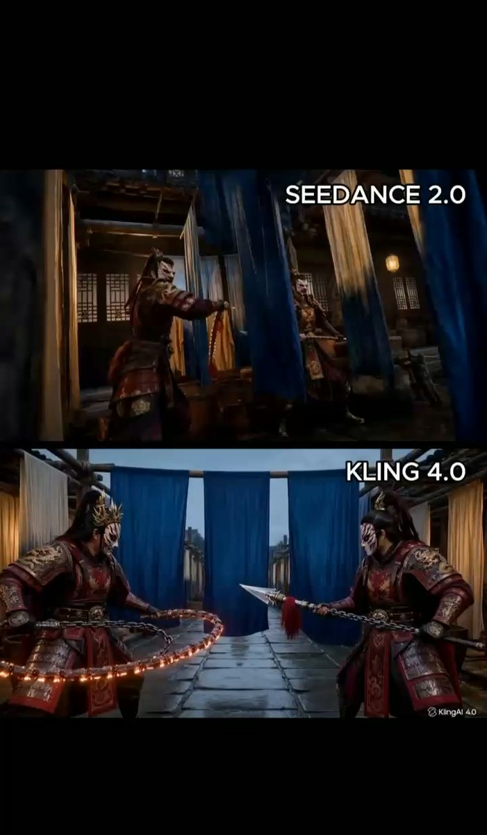 同提示词对比：Seedance 2.0 vs Kling 4.0 双剑锁链打斗