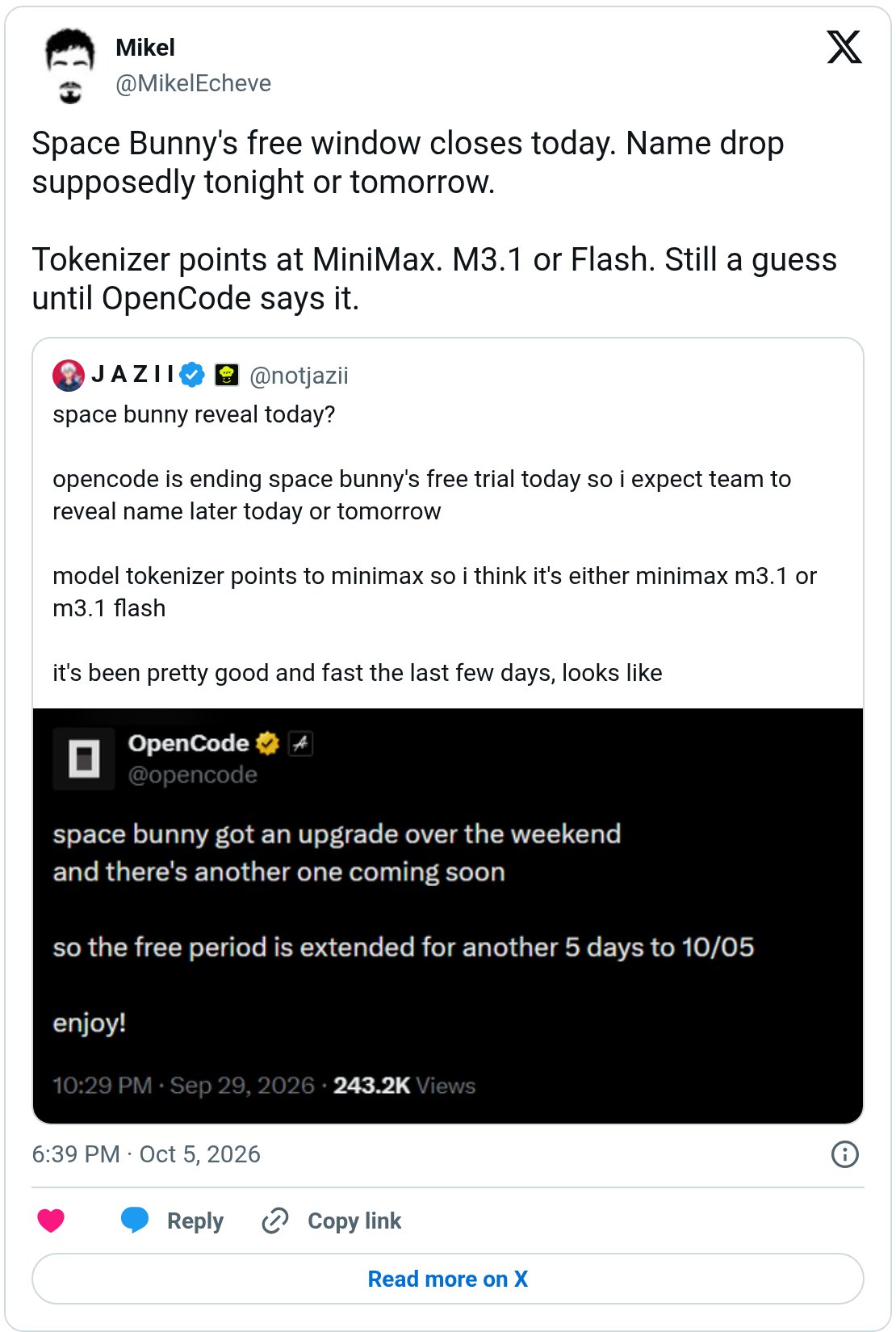 Space Bunny confirmed as MiniMax M3.1 Flash after free OpenCode testing