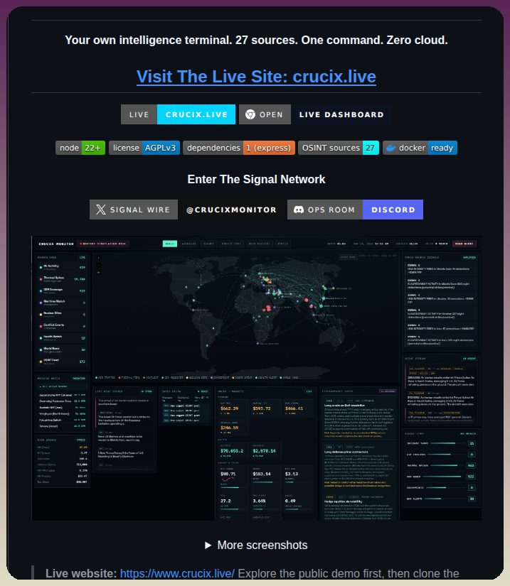 Crucix launches local intelligence dashboard
