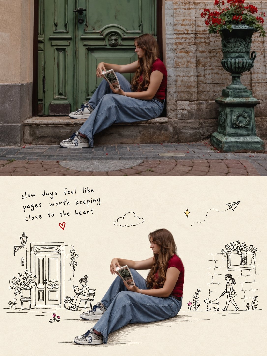 GPT Image 2.5 before-and-after: cutout subject on doodle background