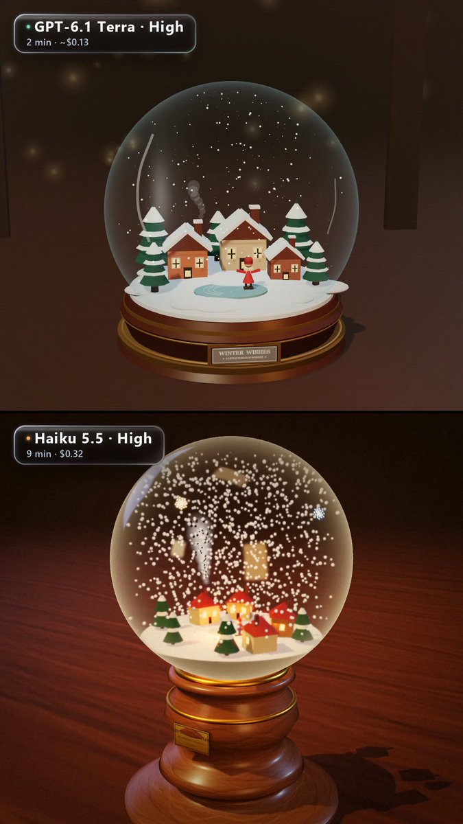 GPT-6.1 Terra 对 Claude Haiku 5.5：代码生成 3D 雪球