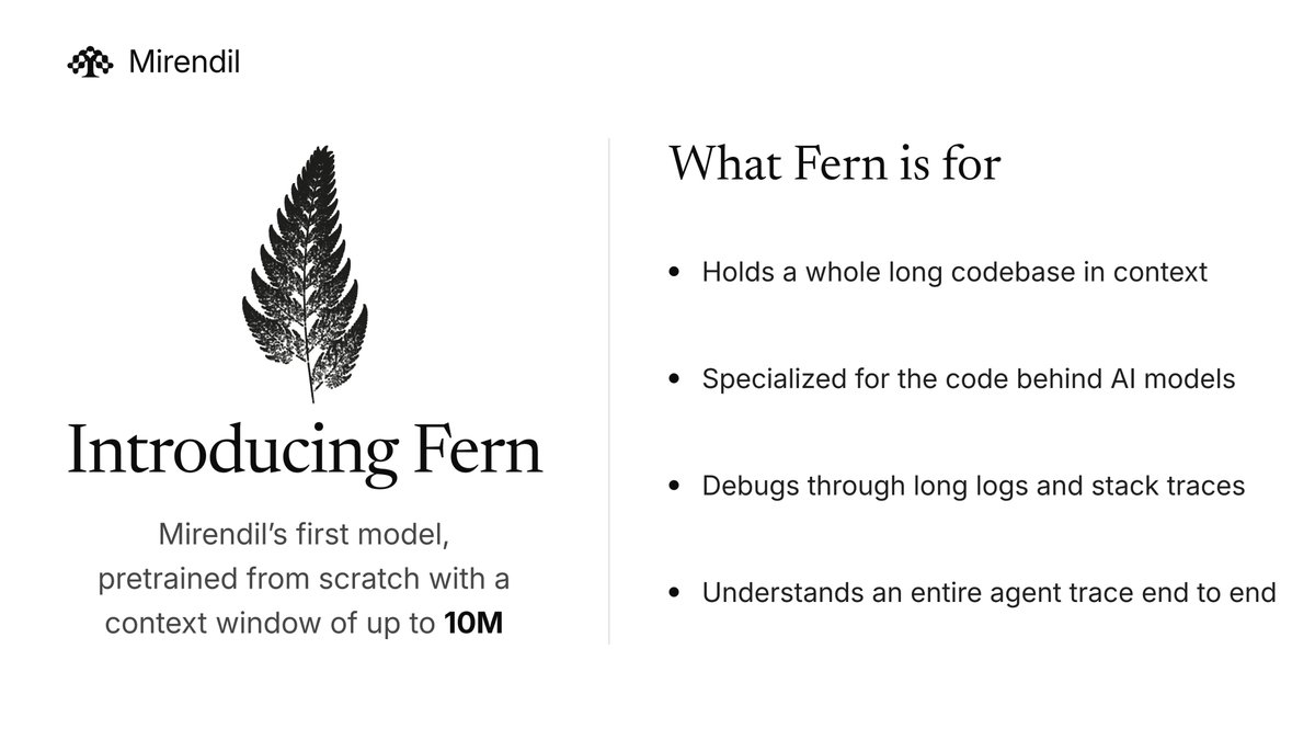 Mirendil 发布首个模型 Fern：最高 1000 万 token 上下文