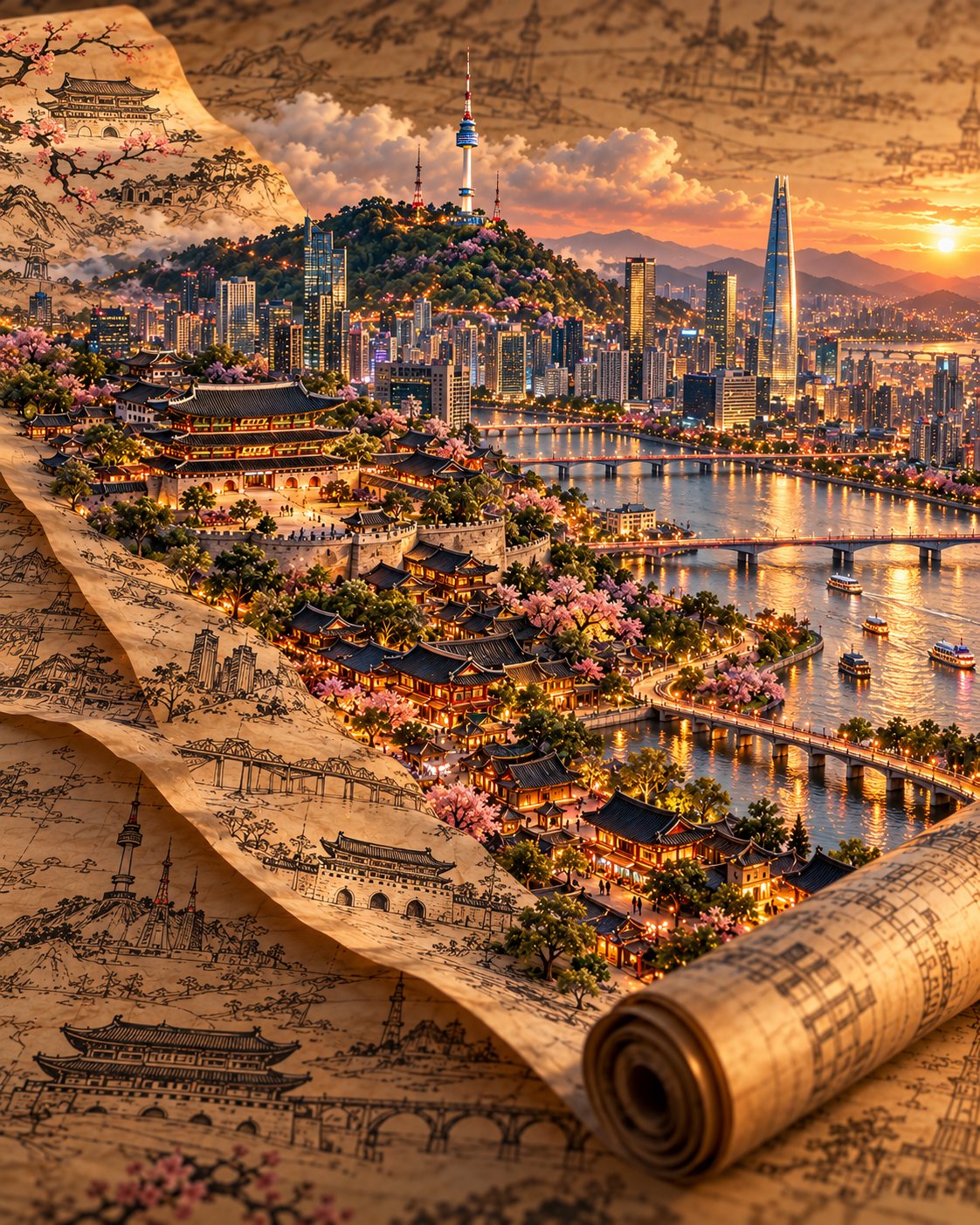 GPT Image 2.5 prompt builds 3D miniature travel posters on parchment scrolls (image 3 of 4)