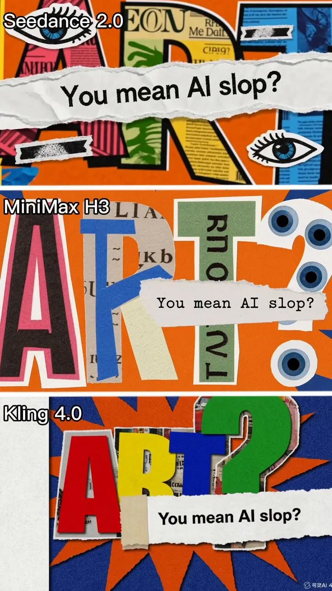 Same-prompt test: Seedance 2.0 vs Kling 4.0 vs MiniMax H3 in retro collage style