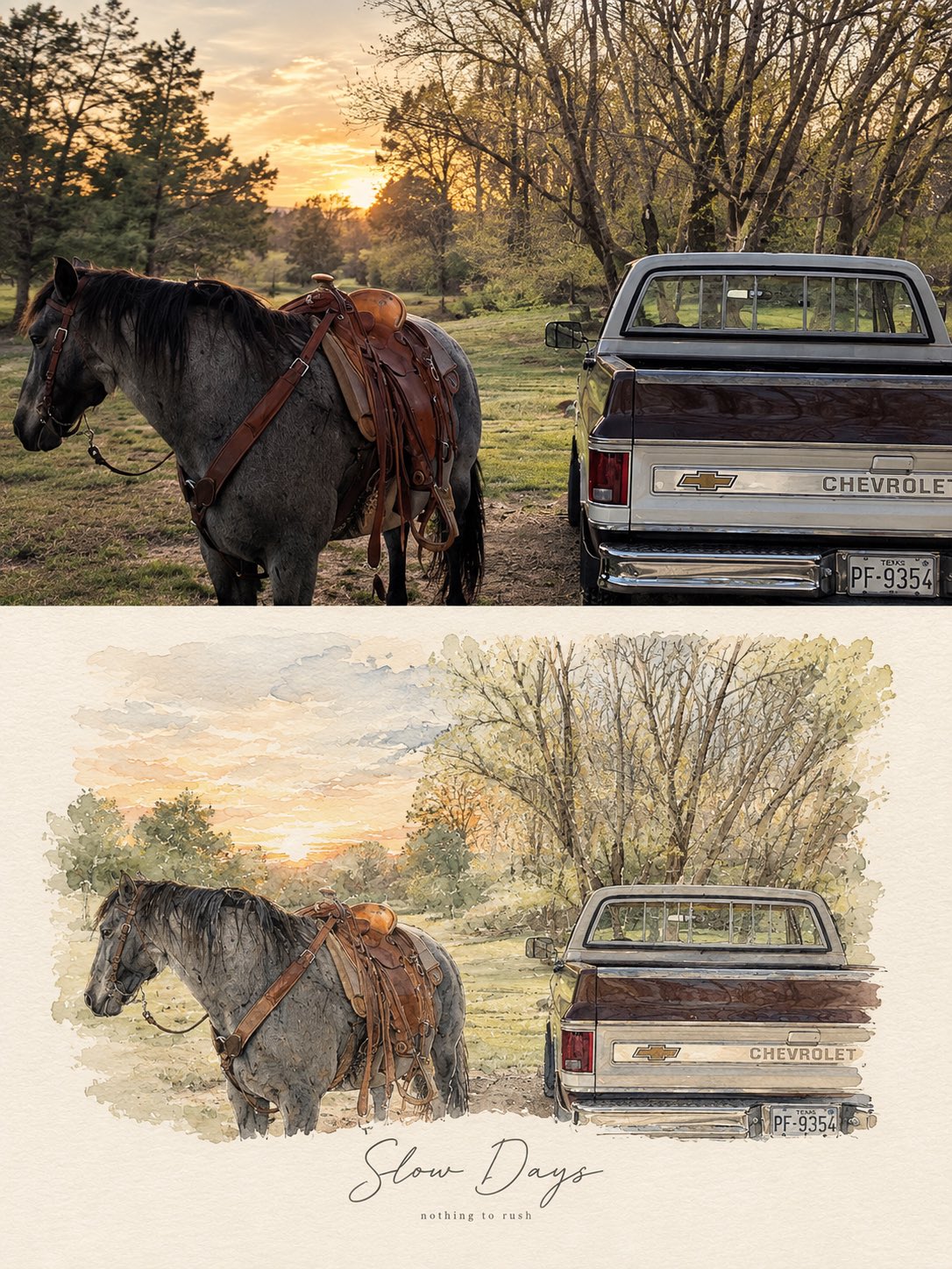 Magazine-style prompt pairs a photo with a watercolor vignette (image 1 of 2)