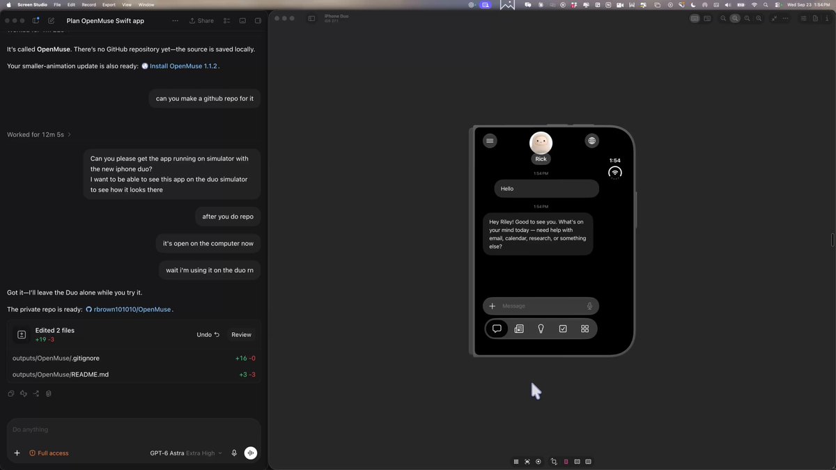 Building iPhone Duo apps in Codex with GPT-6 Sol