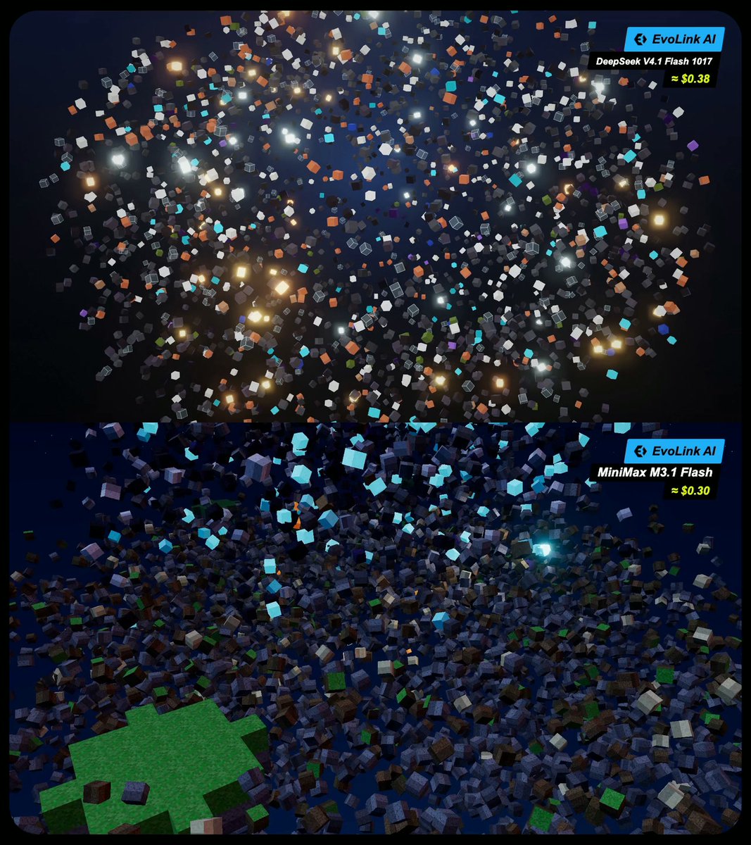 MiniMax M3.1 Flash vs DeepSeek V4.1 Flash on the same Minecraft prompt