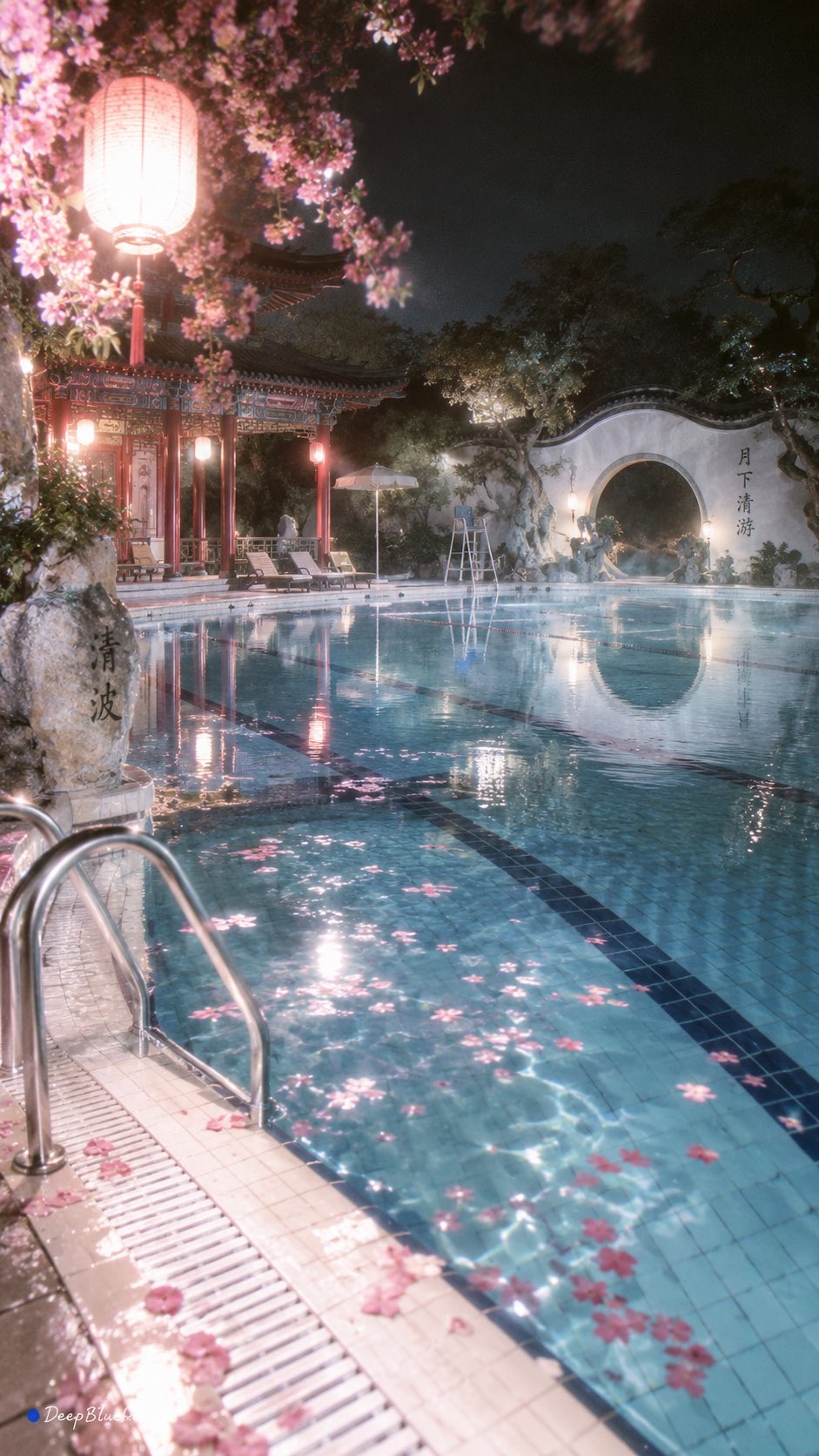 GPT Image 2.5 prompt pairs a Chinese courtyard with a modern pool