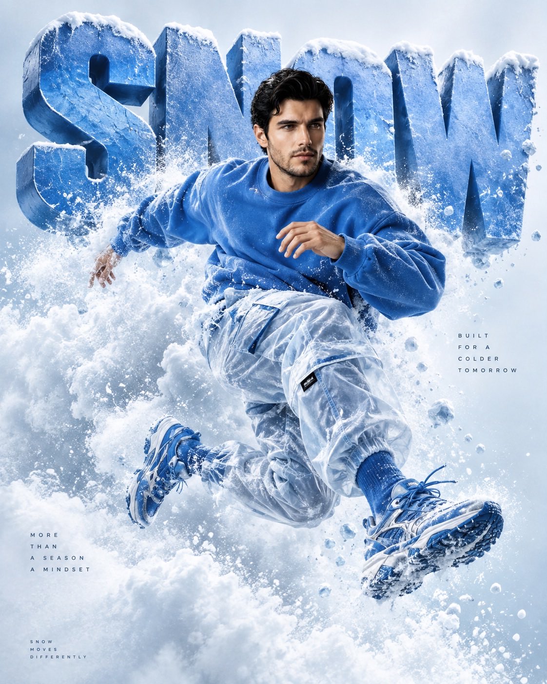 GPT Image 2.5 生成蓝色雪暴时尚海报提示词