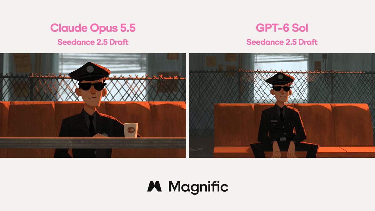 Magnific compares Opus 5.5 and Sol on the same scene brief