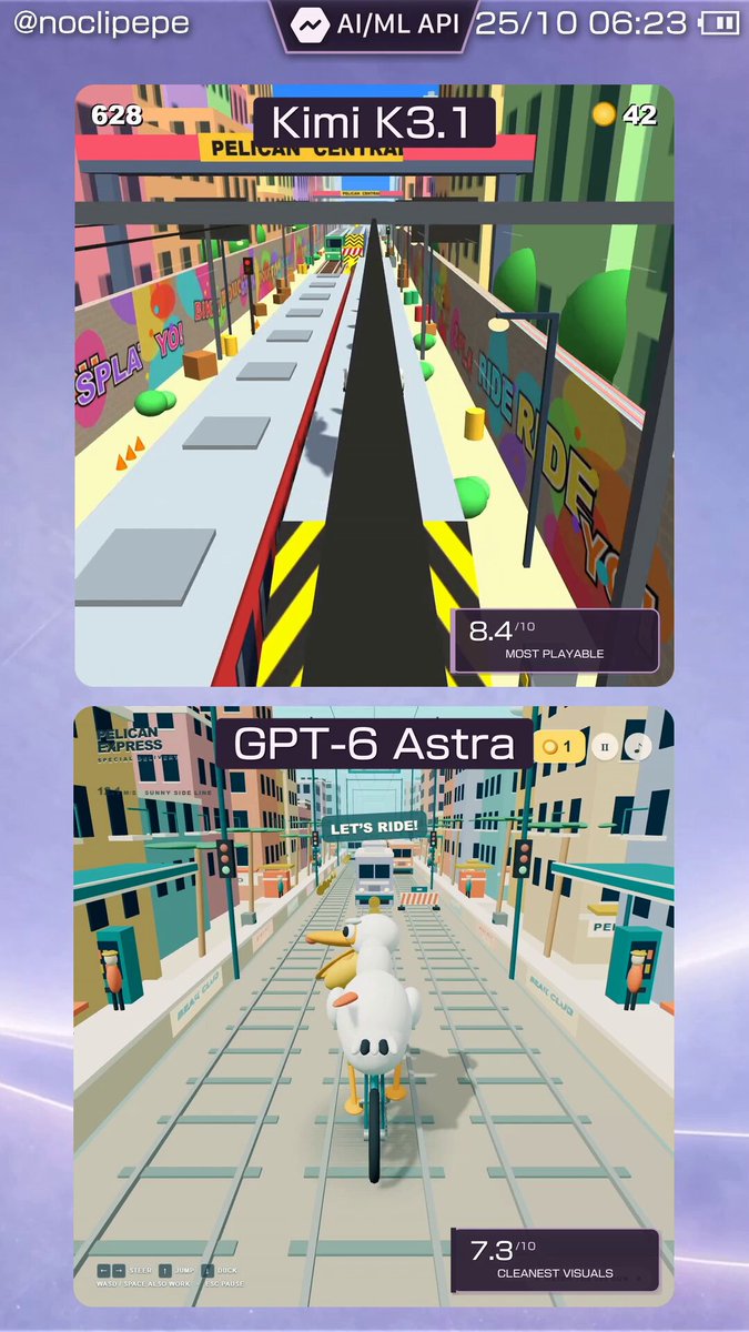 Kimi K3.1 与 GPT-6 Astra 做 Subway Surfers 游戏对比