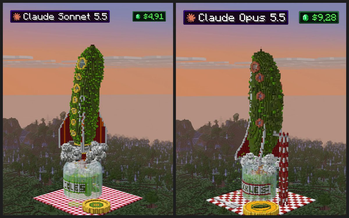 Sonnet 5.5 与 Opus 5.5 各建 Minecraft 泡菜火箭场景对比