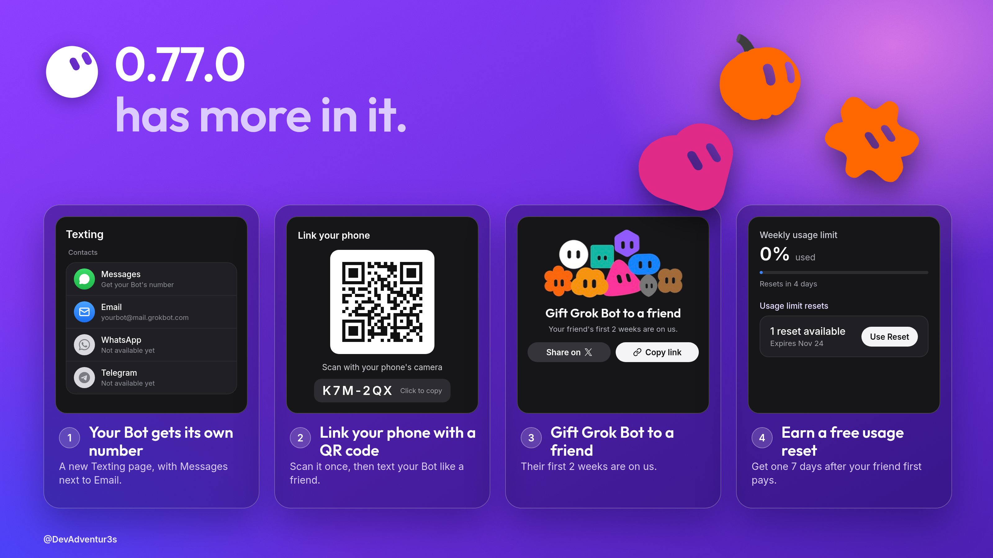 Grok Bot 0.77.0: Dedicated number and friend gifting