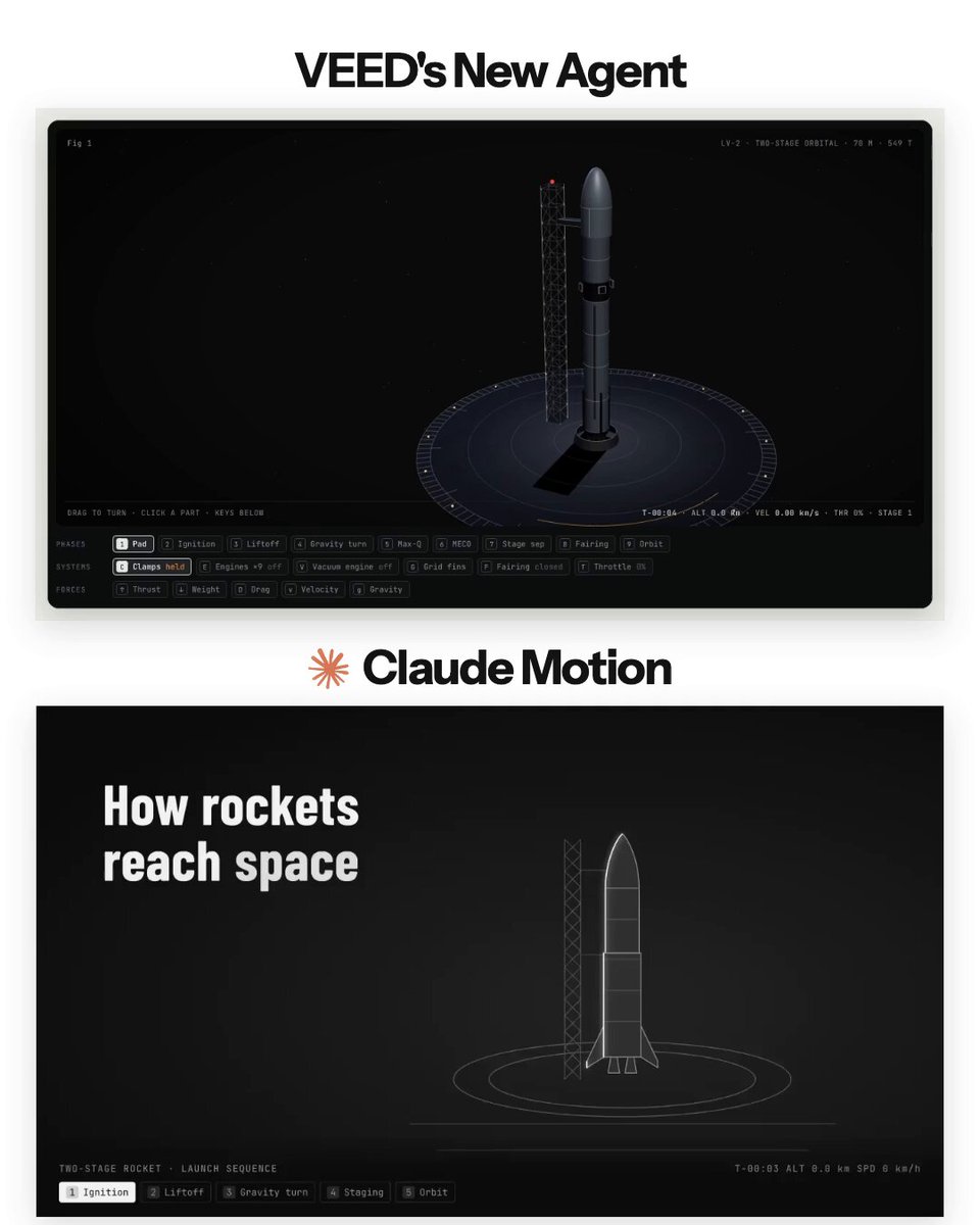 Claude Motion vs VEED agent: same rocket-launch prompt